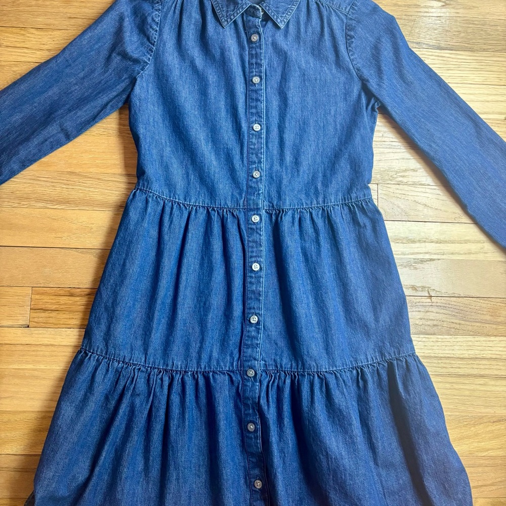 J.Crew Shirt Dress Women's 00 Blue Chambray Tiered Long Sleeve Button Front